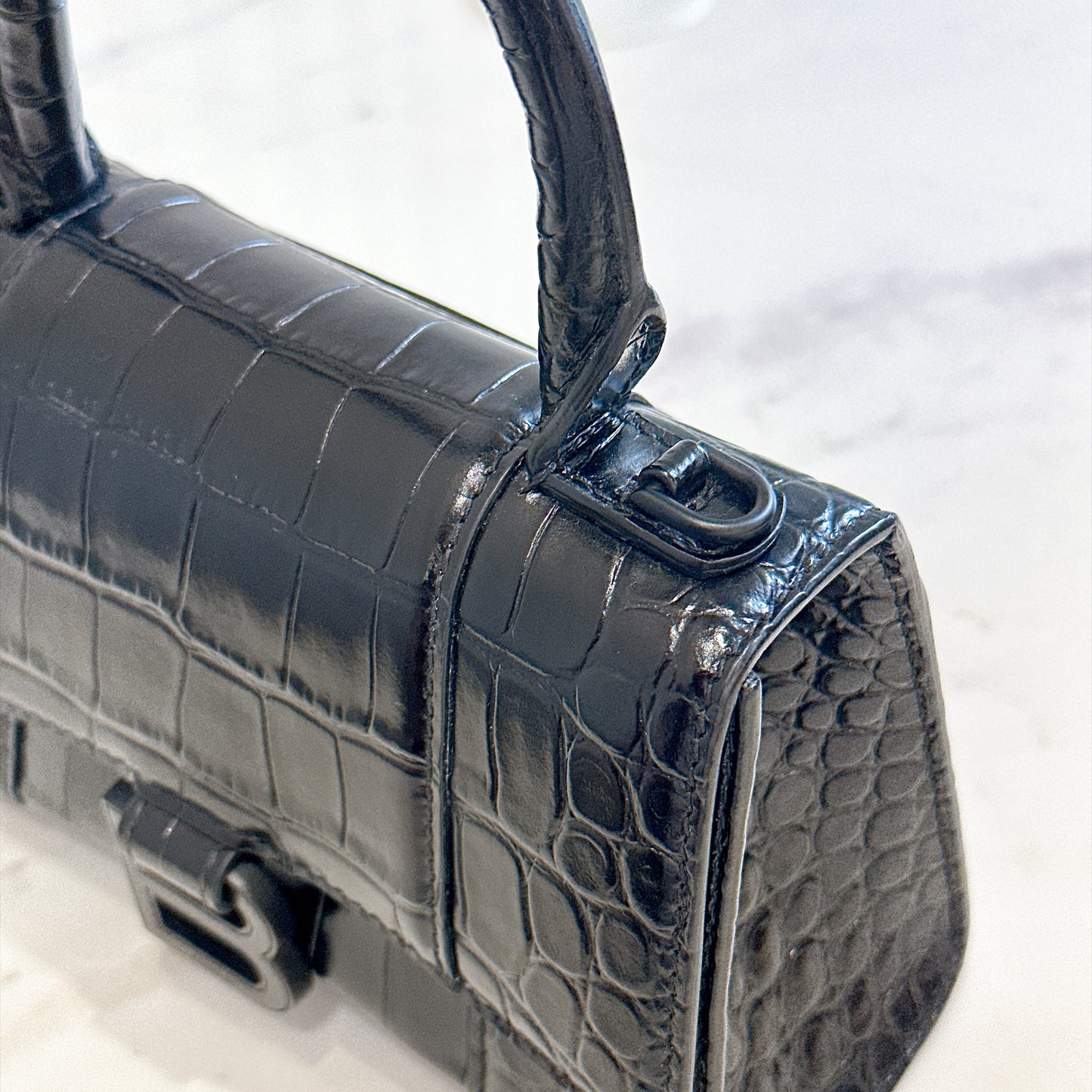 Balenciaga Hourglass XS in Black Crocodile Embossed
