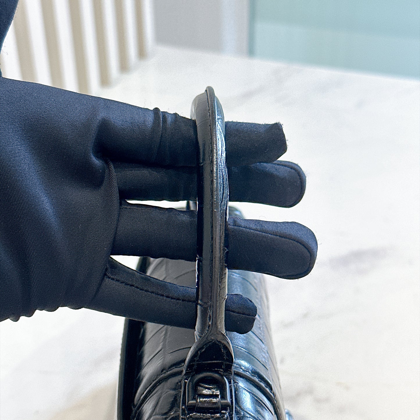 Balenciaga Hourglass XS in Black Crocodile Embossed