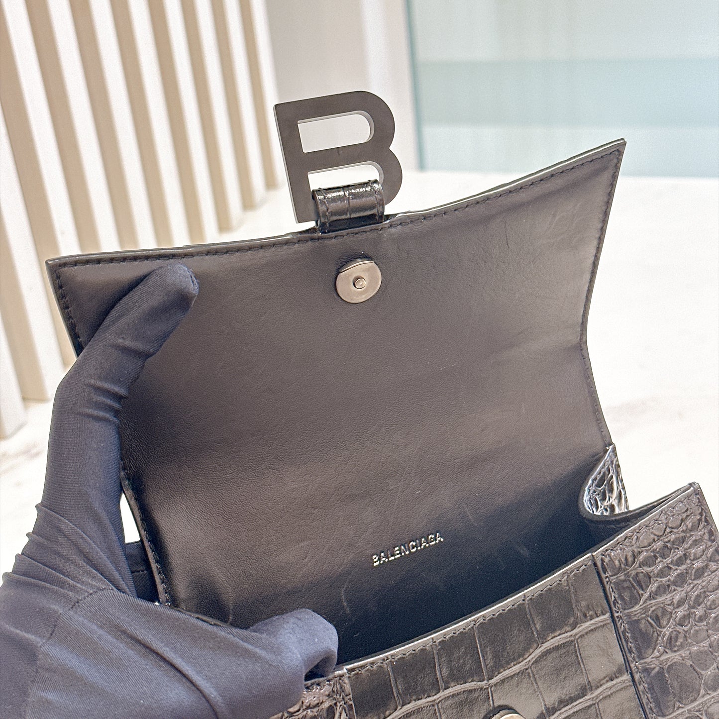 Balenciaga Hourglass XS in Black Crocodile Embossed