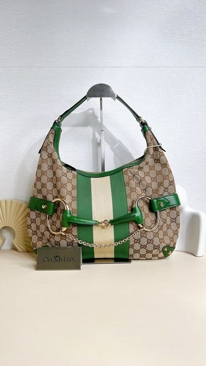 Gucci GG Canvas Green Web Horsebit Chain Large Hobo Bag