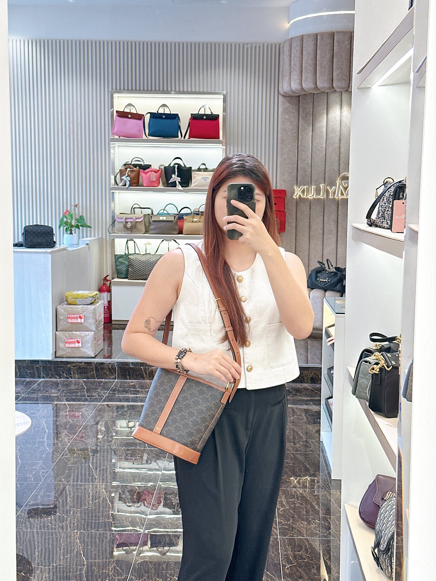 Celine Small Bucket In Triomphe Canvas And Calfskin