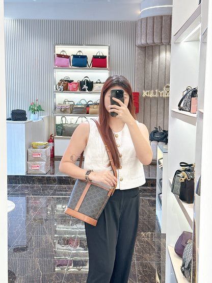 Celine Small Bucket In Triomphe Canvas And Calfskin