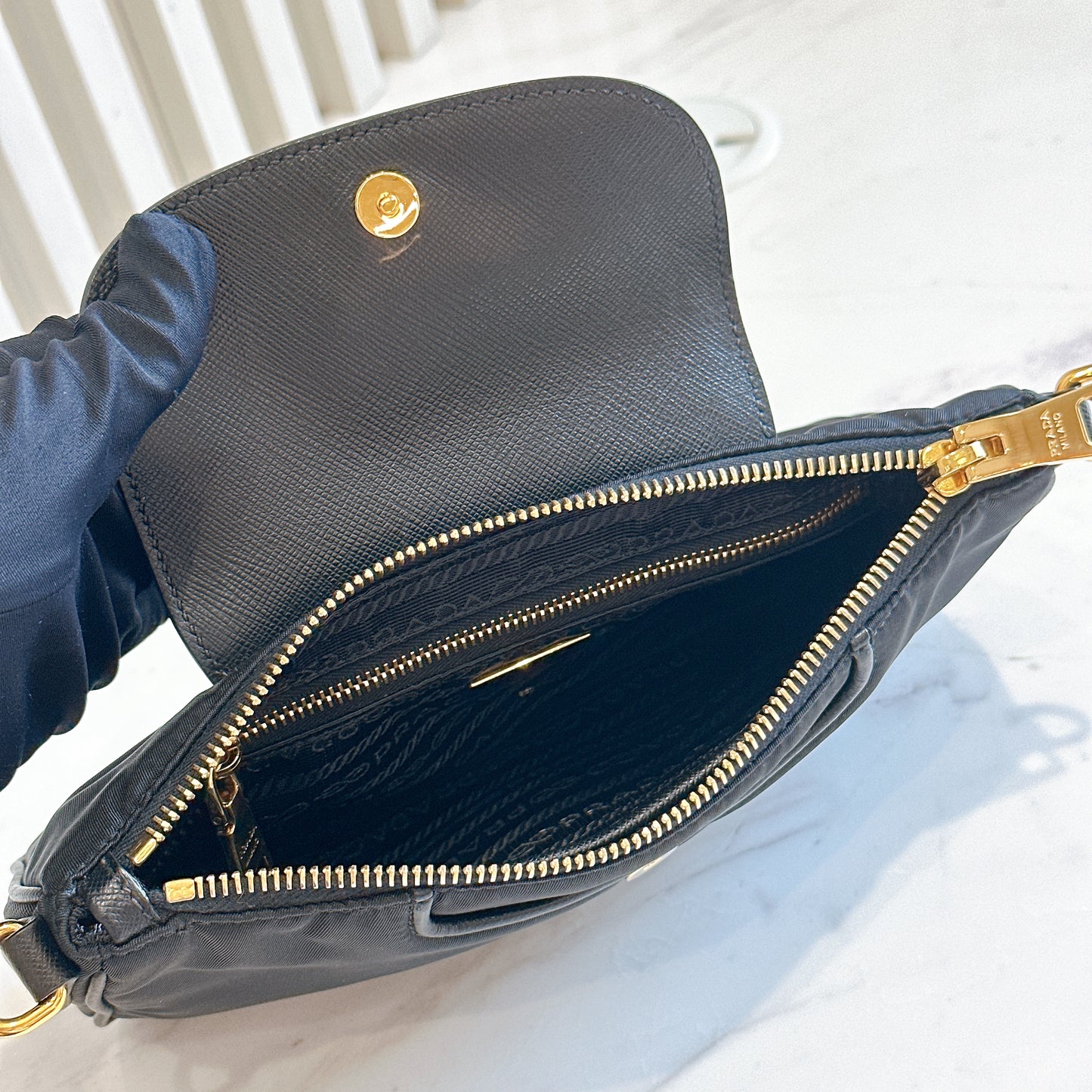 Prada Black Tessuto Nylon and Saffiano Sling Bag