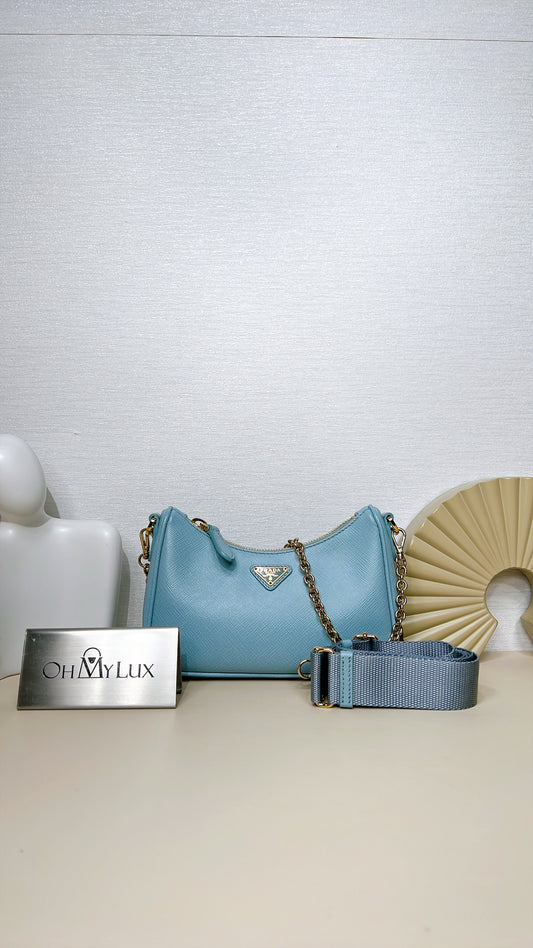 Prada 3 in 1 Hobo Bag in Blue Saffiano