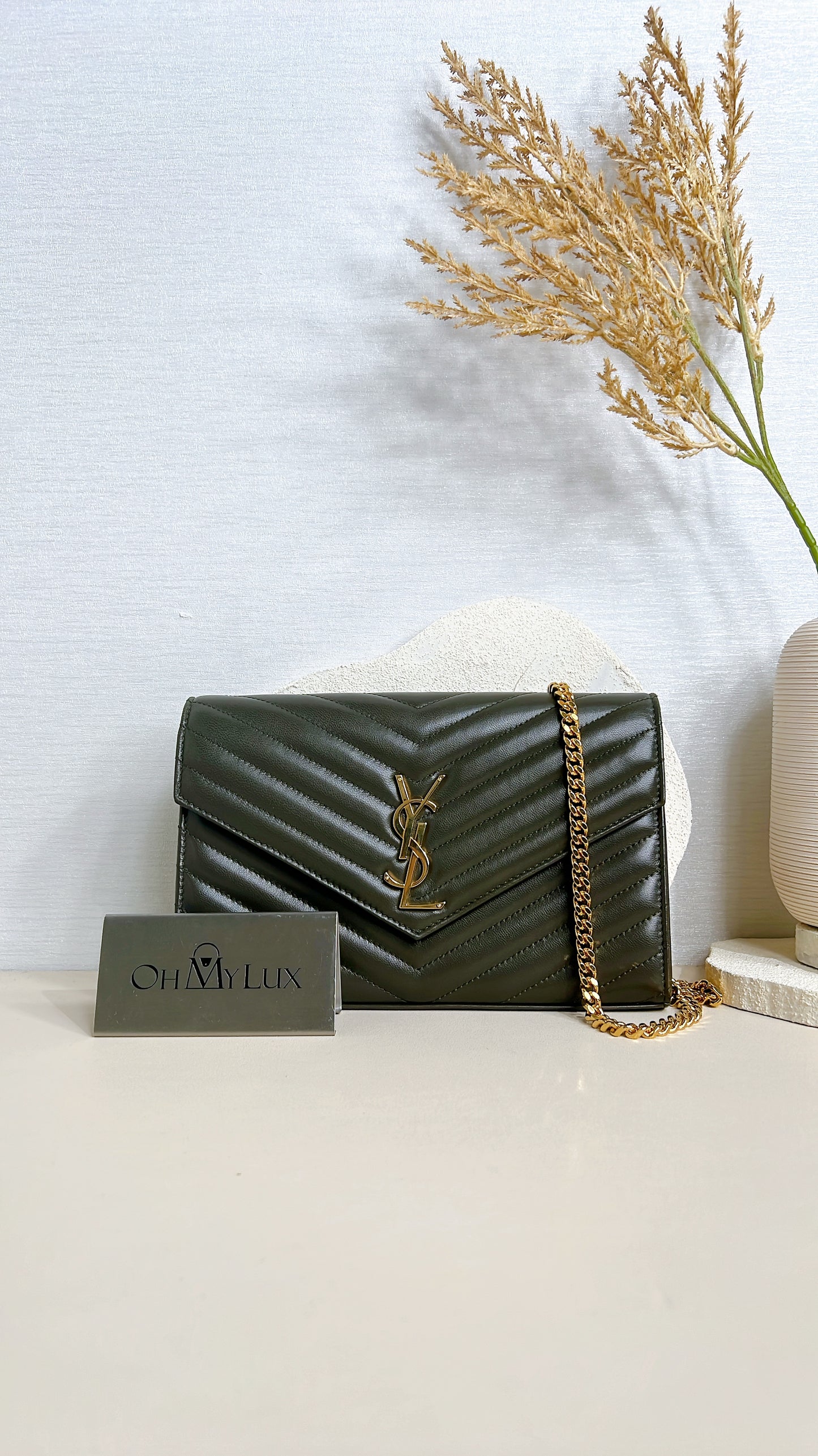YSL Wallet On Chain Lambskin in Olive Wood