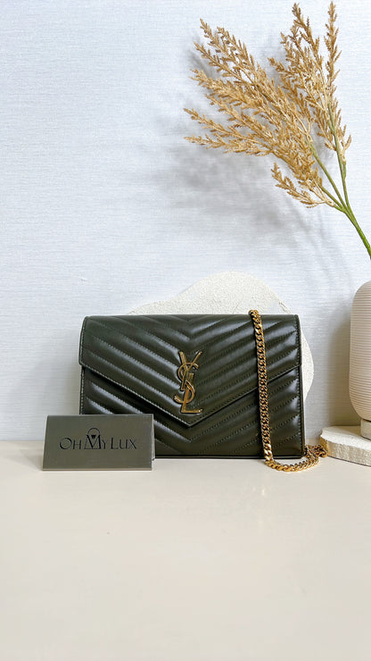 YSL Wallet On Chain Lambskin in Olive Wood