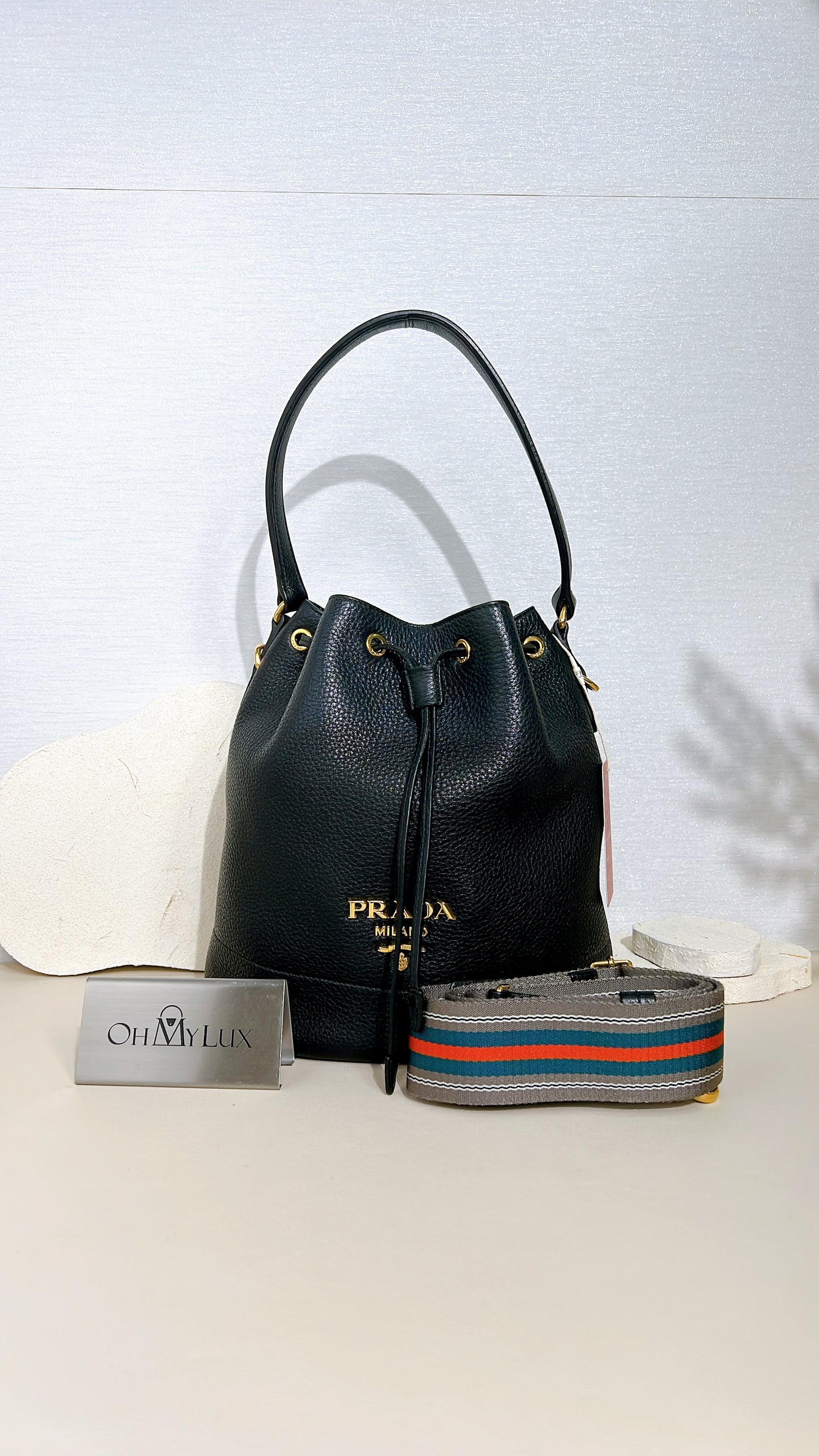 Prada Vitello Phenix Black Leather Stripe Strap Bucket Bag