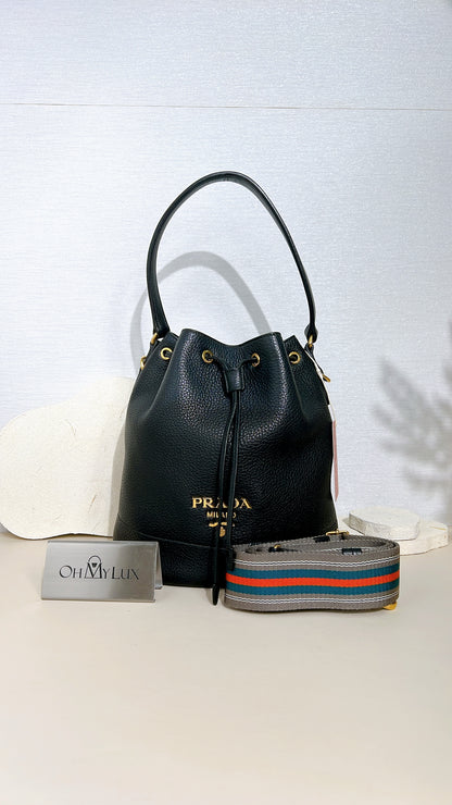 Prada Vitello Phenix Black Leather Stripe Strap Bucket Bag