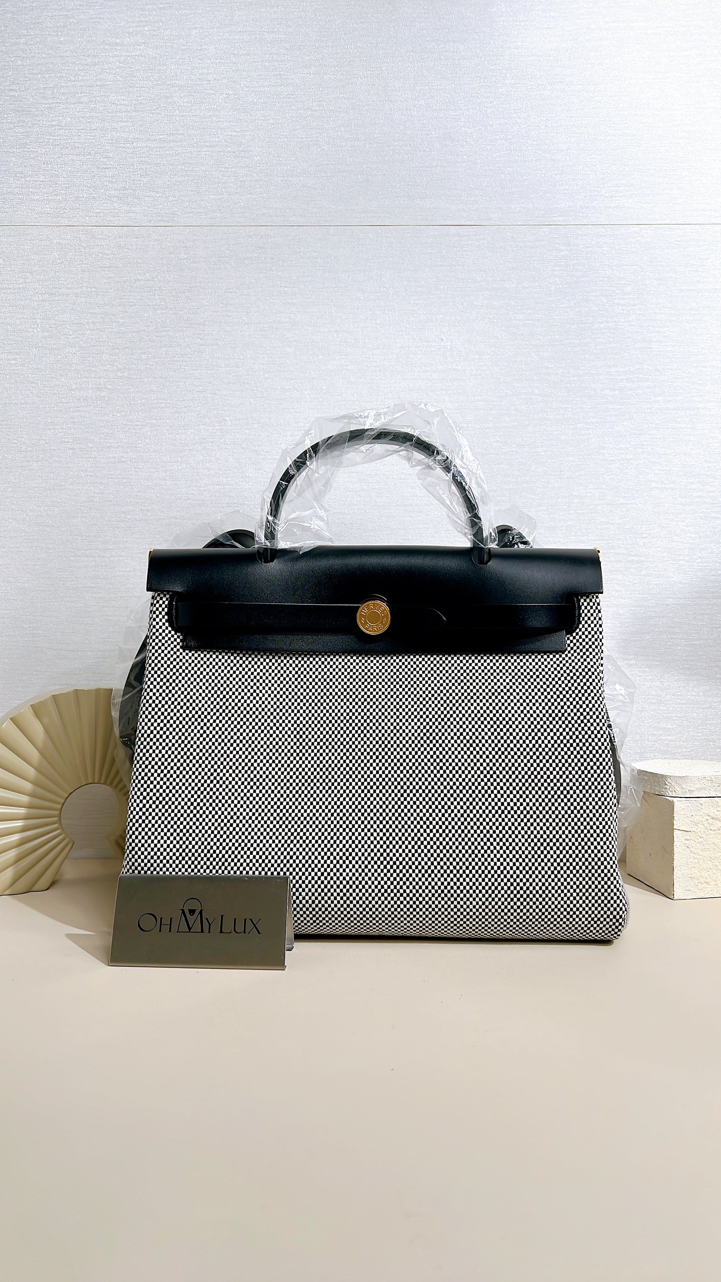 Hermes Herbag Zip PM 31 Ecru/Blanc/Black Toile Quadrille Viking & Vache Hunter