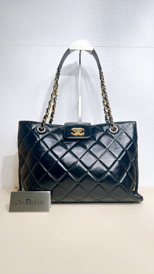 Chanel Coco Turn Lock Chain Tote in Black Aged Calfskin