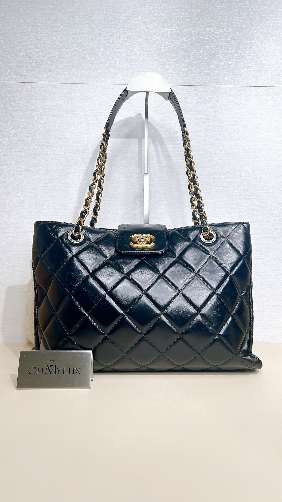 Chanel Coco Turn Lock Chain Tote in Black Aged Calfskin