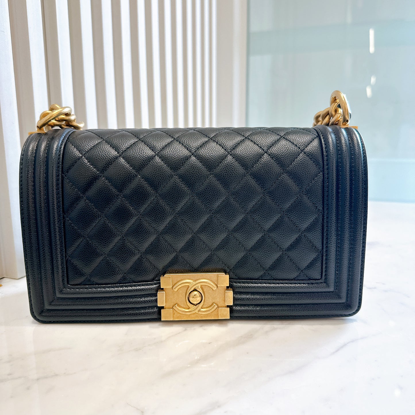 Chanel Boy Old Medium Black Caviar in GHW