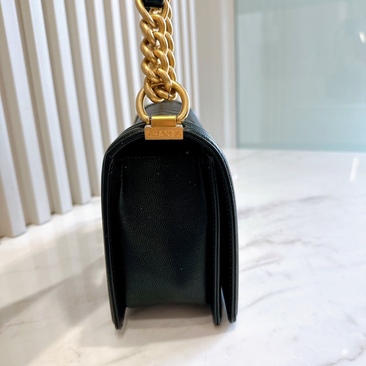 Chanel Boy Old Medium Black Caviar in GHW