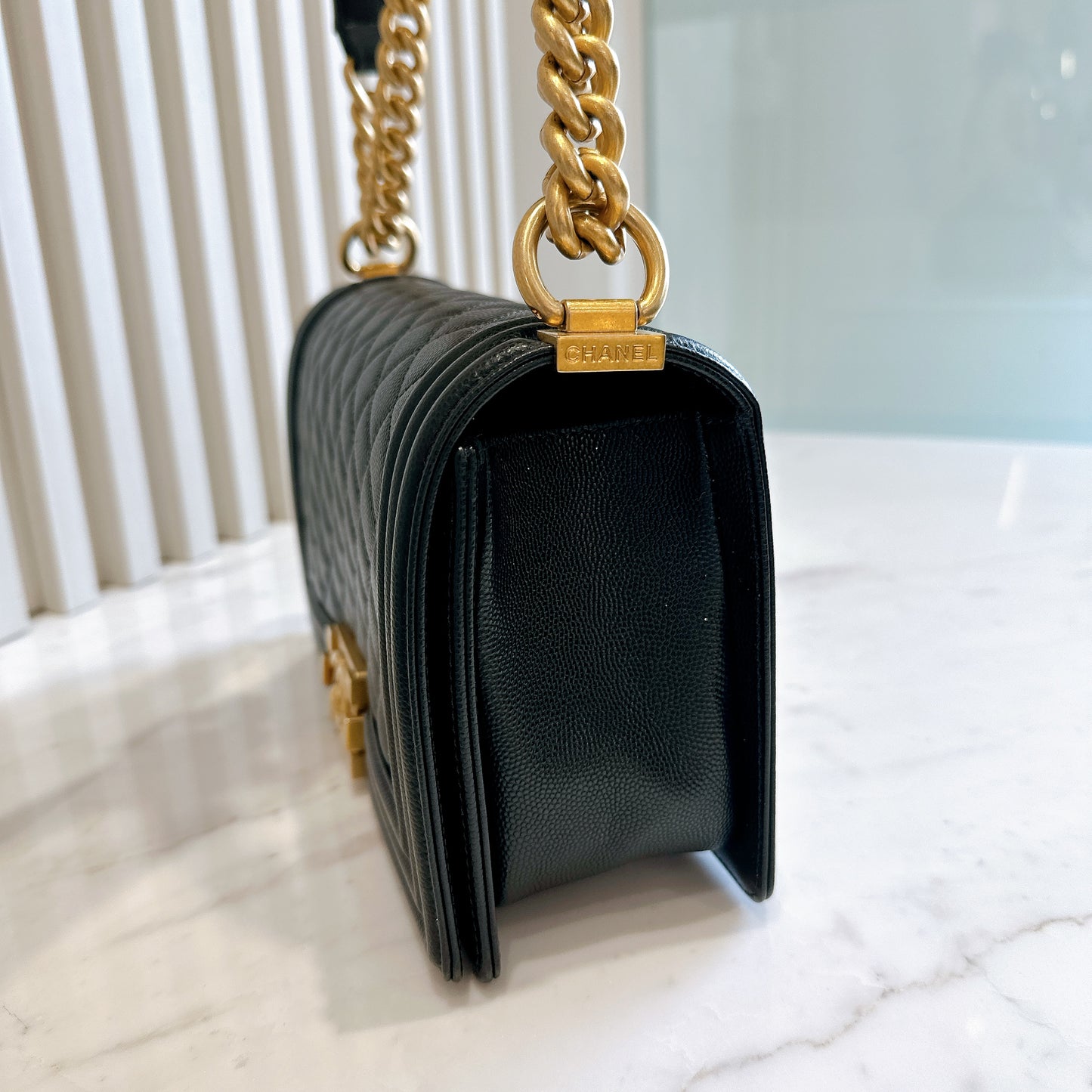 Chanel Boy Old Medium Black Caviar in GHW