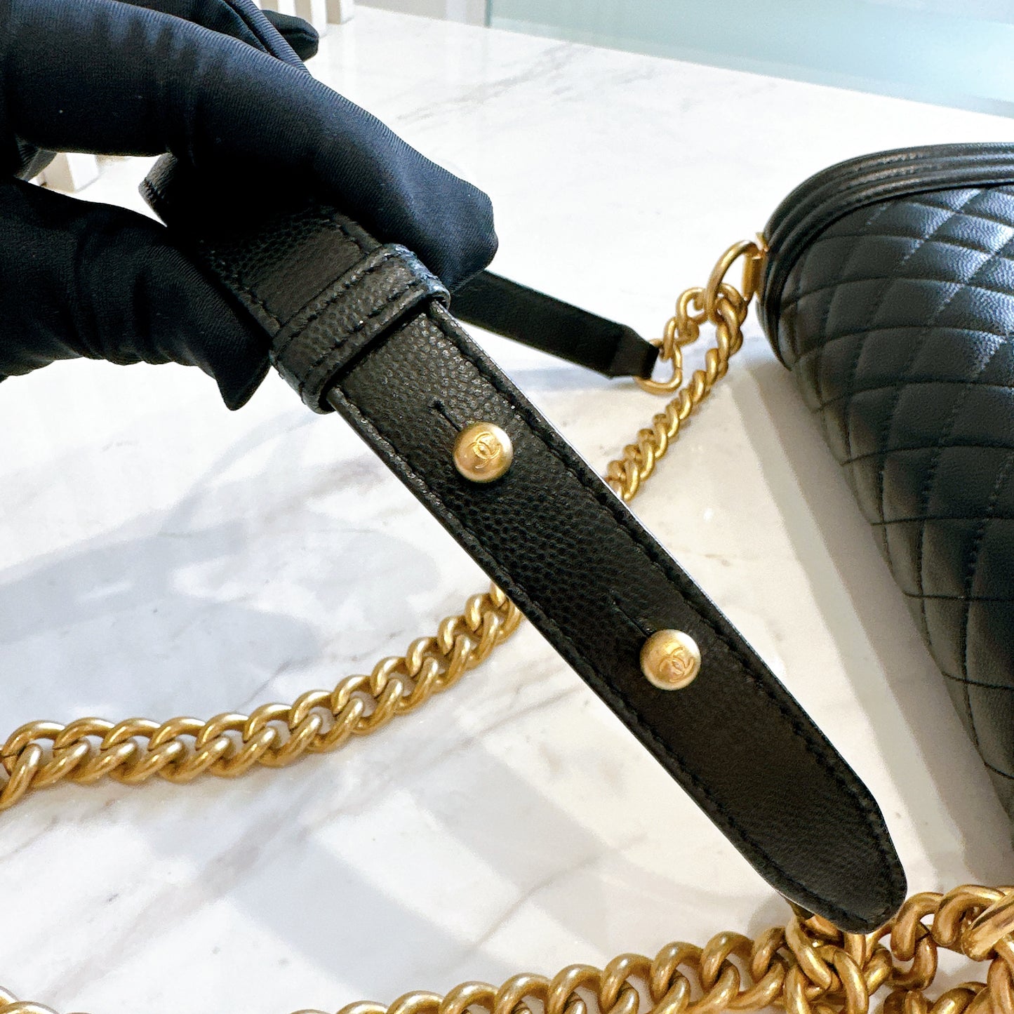 Chanel Boy Old Medium Black Caviar in GHW
