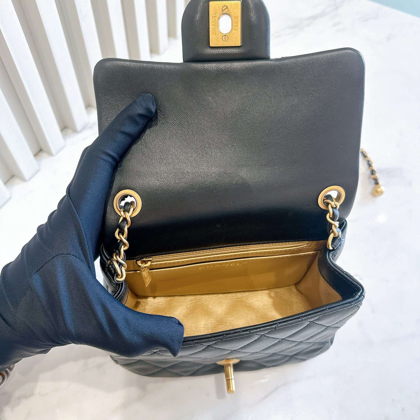 Chanel Mini Square in Black with Pearl Crush