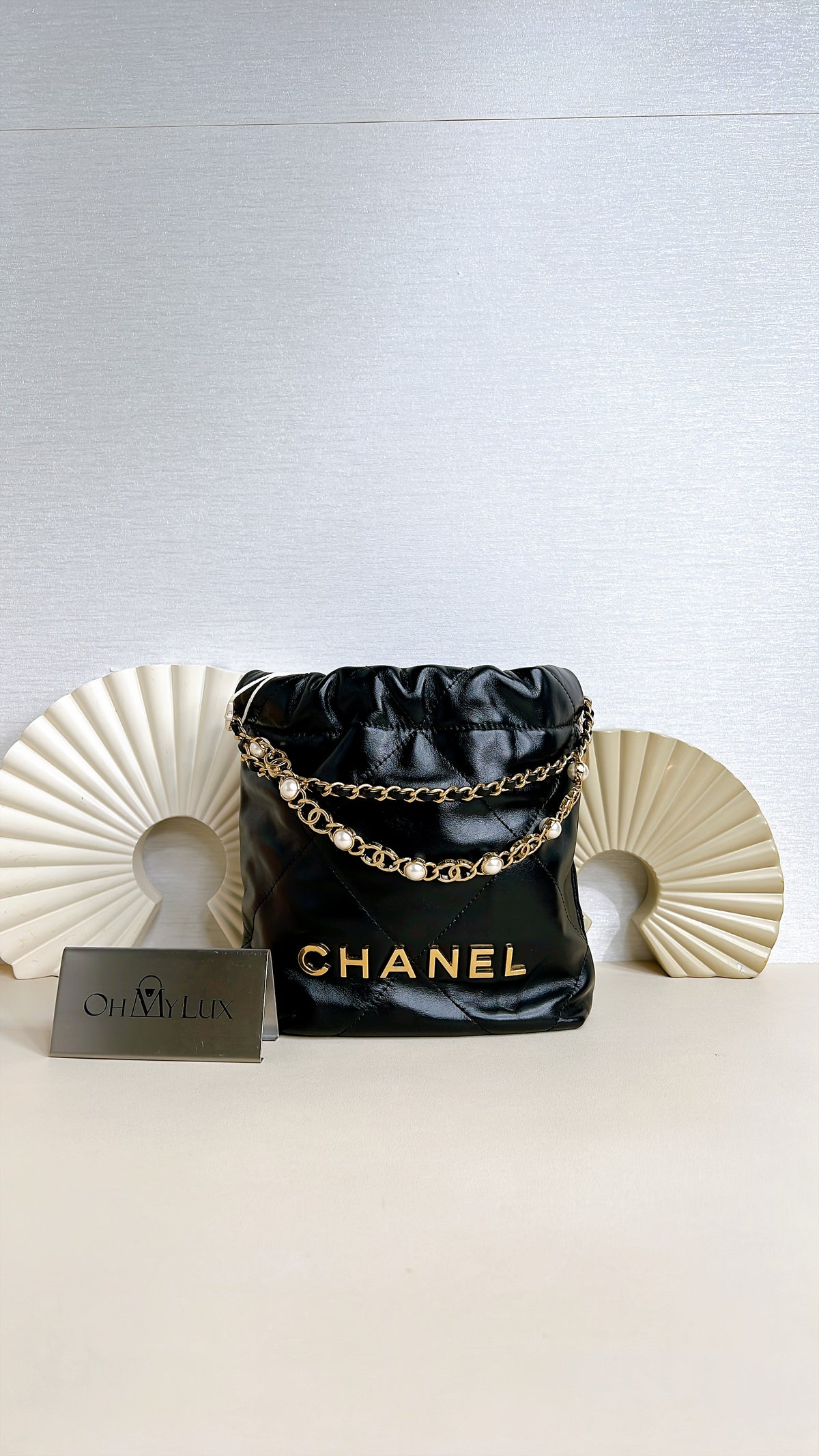 Chanel 22 Mini with Pearl Chain Black GHW