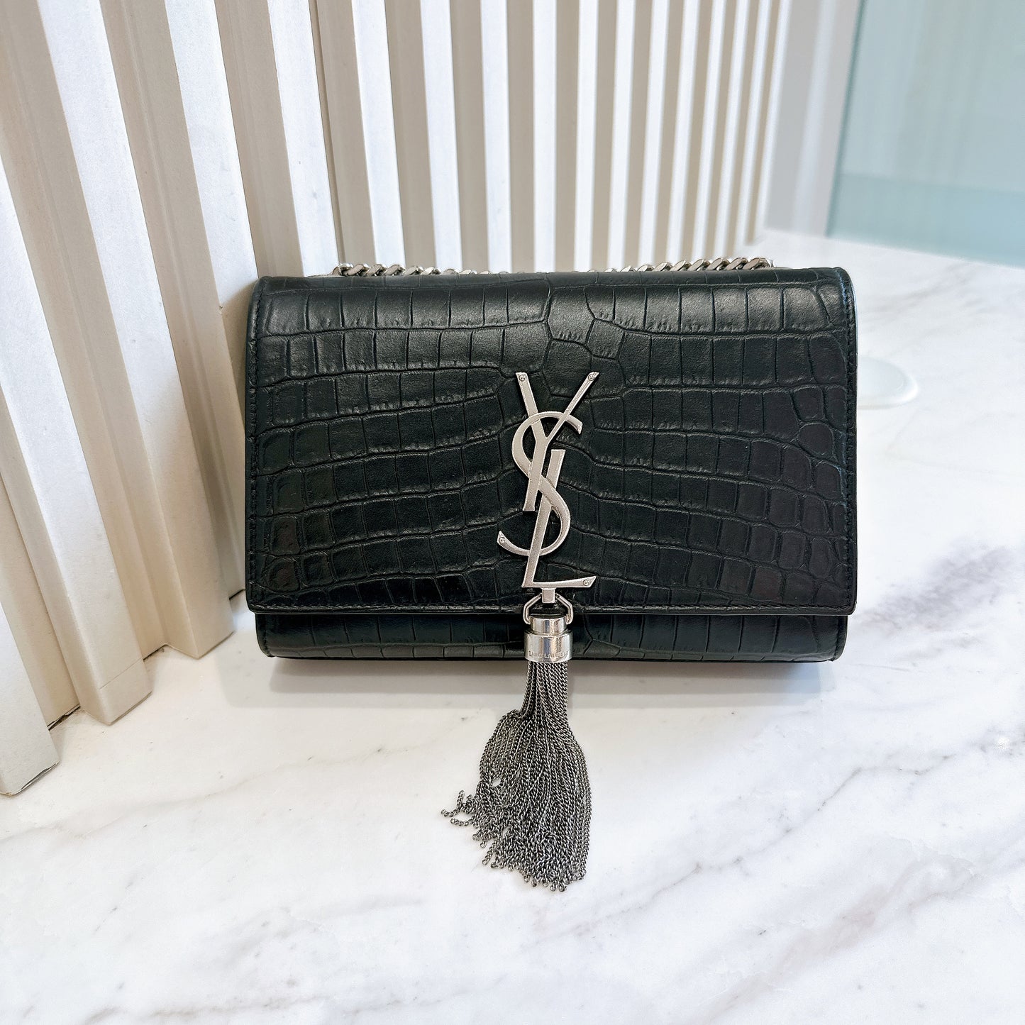 YSL Kate Tassel Croc Embossed Black in SHW