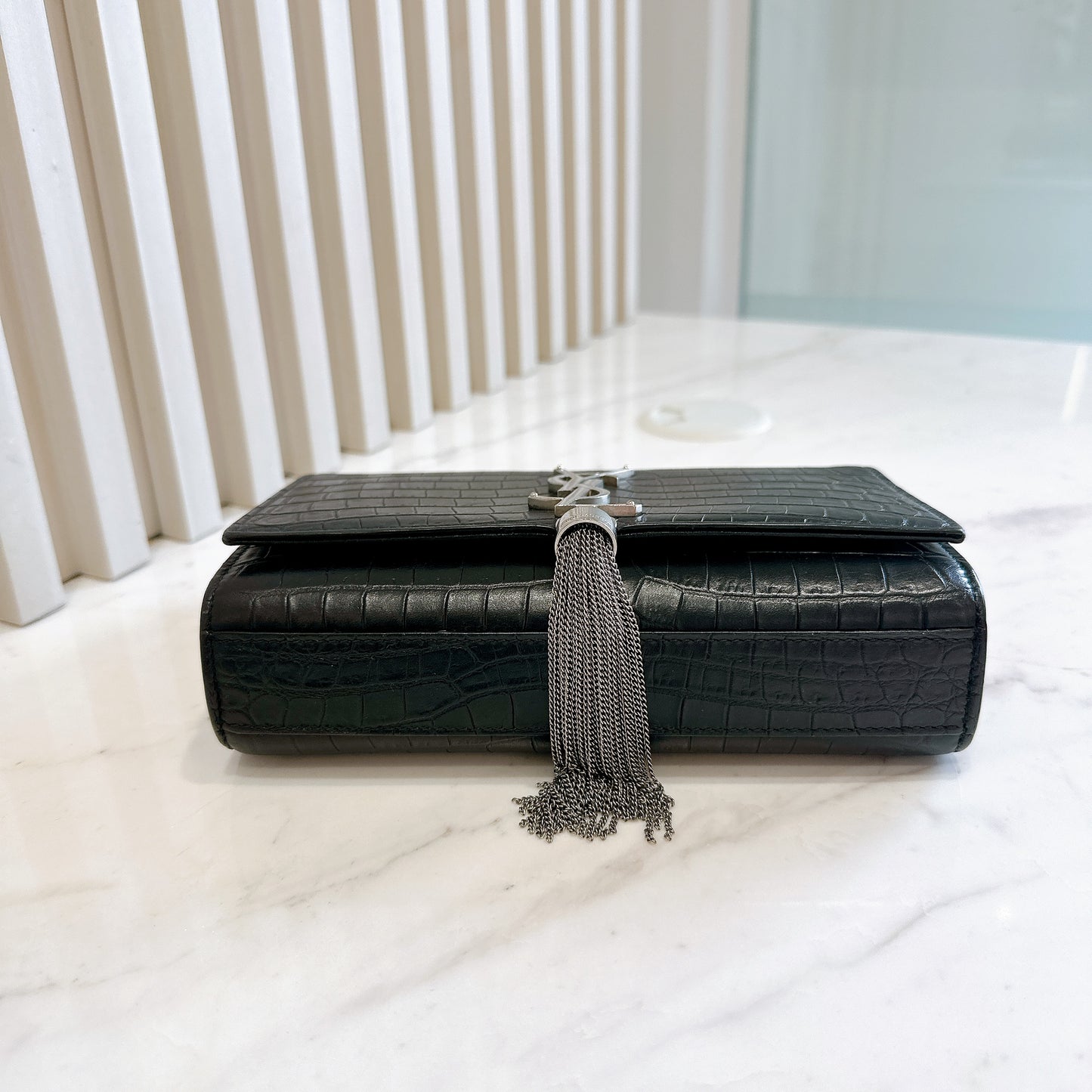 YSL Kate Tassel Croc Embossed Black in SHW