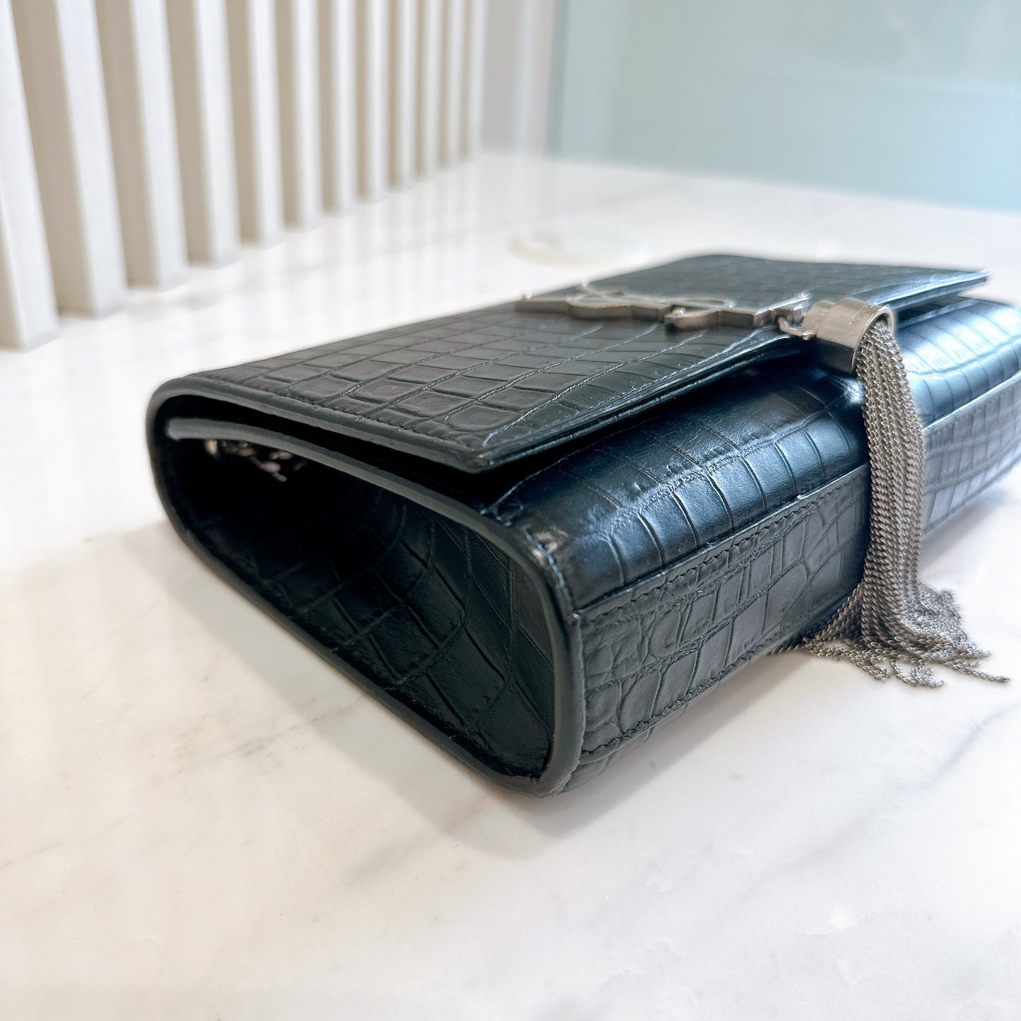 YSL Kate Tassel Croc Embossed Black in SHW