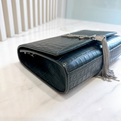 YSL Kate Tassel Croc Embossed Black in SHW