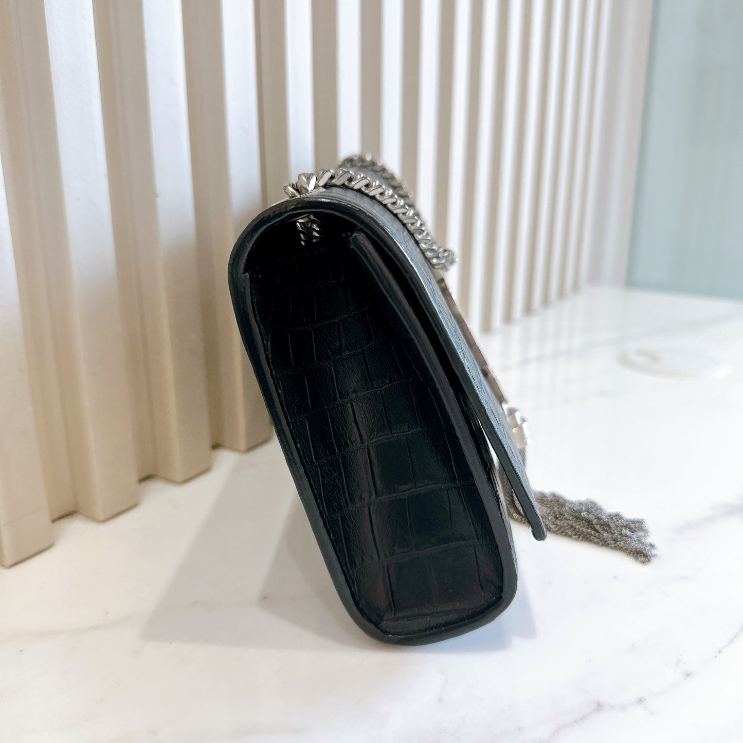 YSL Kate Tassel Croc Embossed Black in SHW