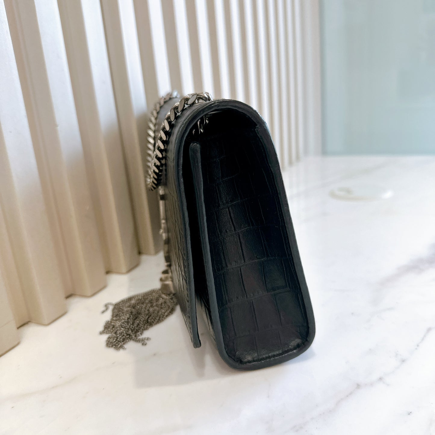 YSL Kate Tassel Croc Embossed Black in SHW