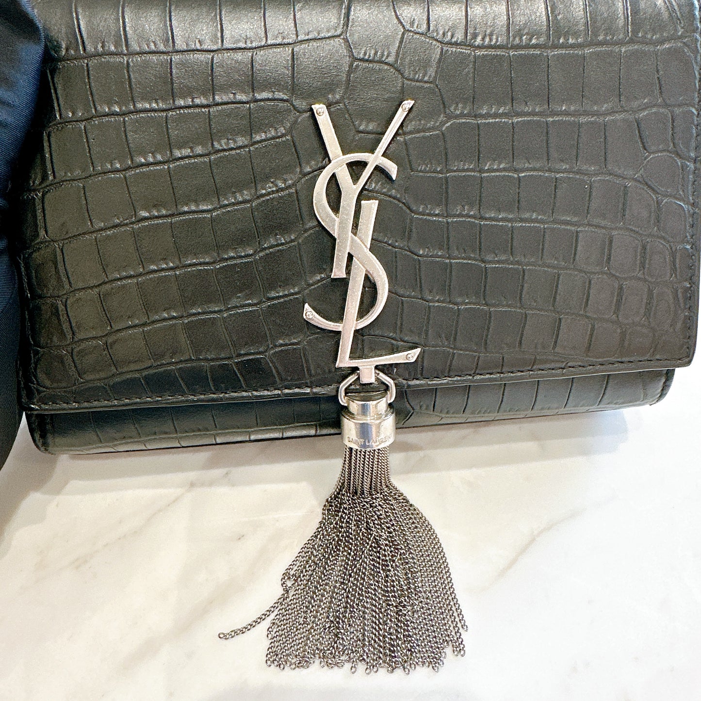 YSL Kate Tassel Croc Embossed Black in SHW