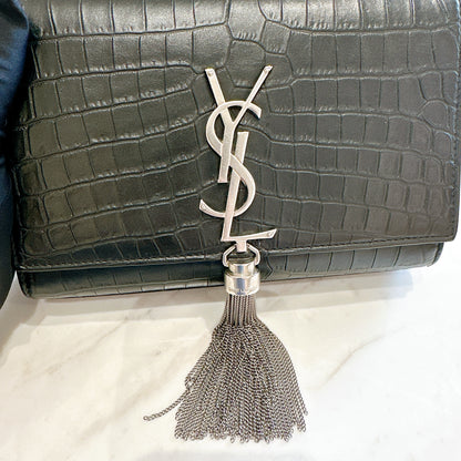 YSL Kate Tassel Croc Embossed Black in SHW