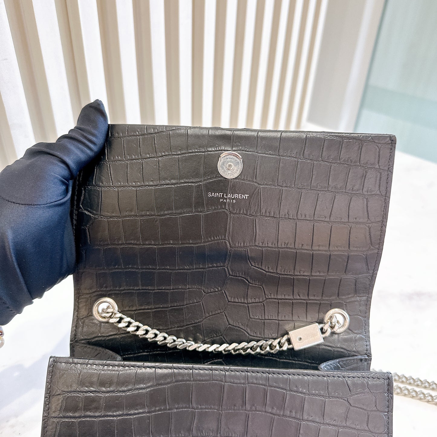 YSL Kate Tassel Croc Embossed Black in SHW