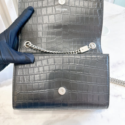 YSL Kate Tassel Croc Embossed Black in SHW