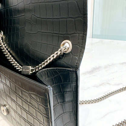 YSL Kate Tassel Croc Embossed Black in SHW