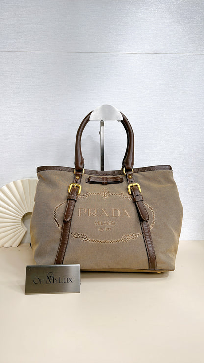 Prada Logo Jacquard Tote Bag in Brown