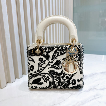 Lady Dior Mini White Leather and Black Embroidered&nbsp;