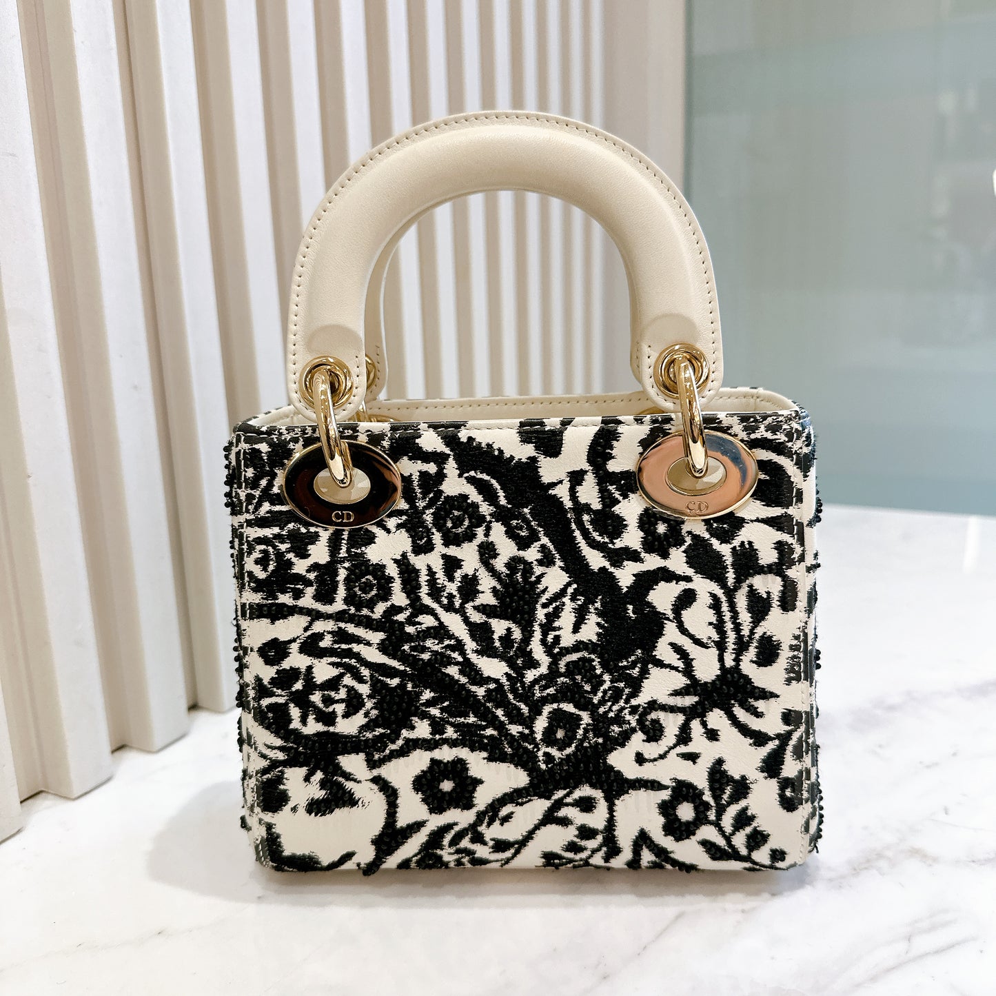 Lady Dior Mini White Leather and Black Embroidered&nbsp;