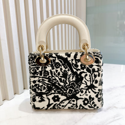 Lady Dior Mini White Leather and Black Embroidered&nbsp;