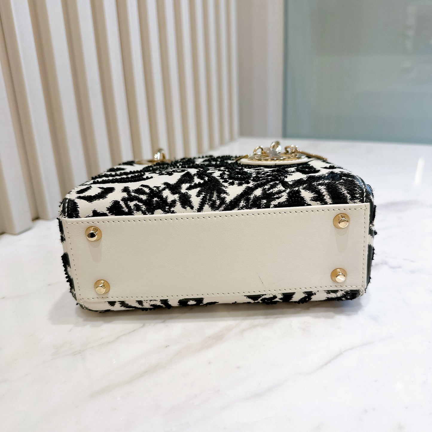 Lady Dior Mini White Leather and Black Embroidered&nbsp;
