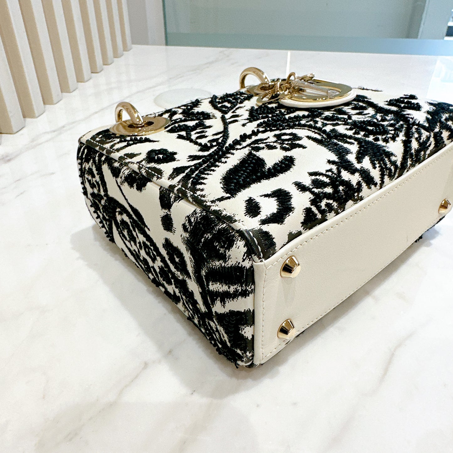 Lady Dior Mini White Leather and Black Embroidered&nbsp;