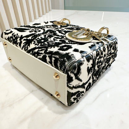 Lady Dior Mini White Leather and Black Embroidered&nbsp;