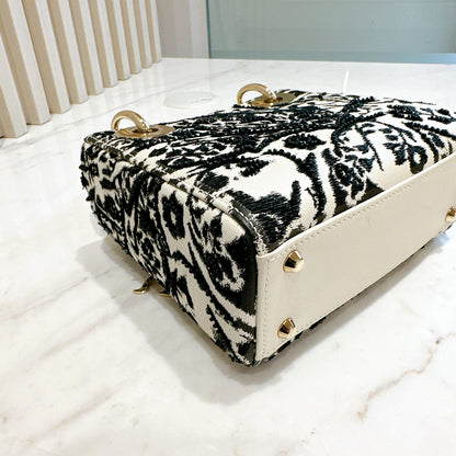 Lady Dior Mini White Leather and Black Embroidered&nbsp;