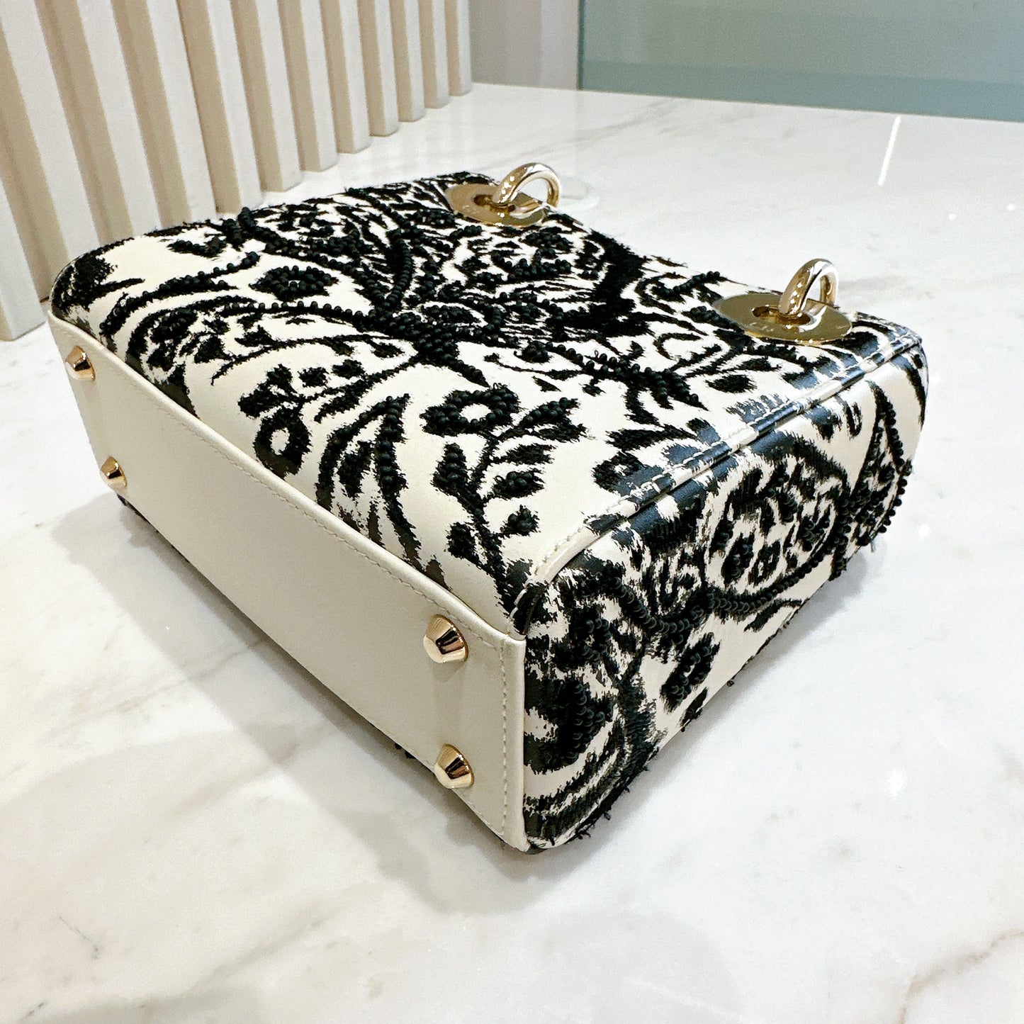 Lady Dior Mini White Leather and Black Embroidered&nbsp;