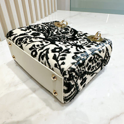 Lady Dior Mini White Leather and Black Embroidered&nbsp;