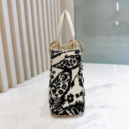 Lady Dior Mini White Leather and Black Embroidered&nbsp;