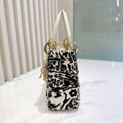 Lady Dior Mini White Leather and Black Embroidered&nbsp;
