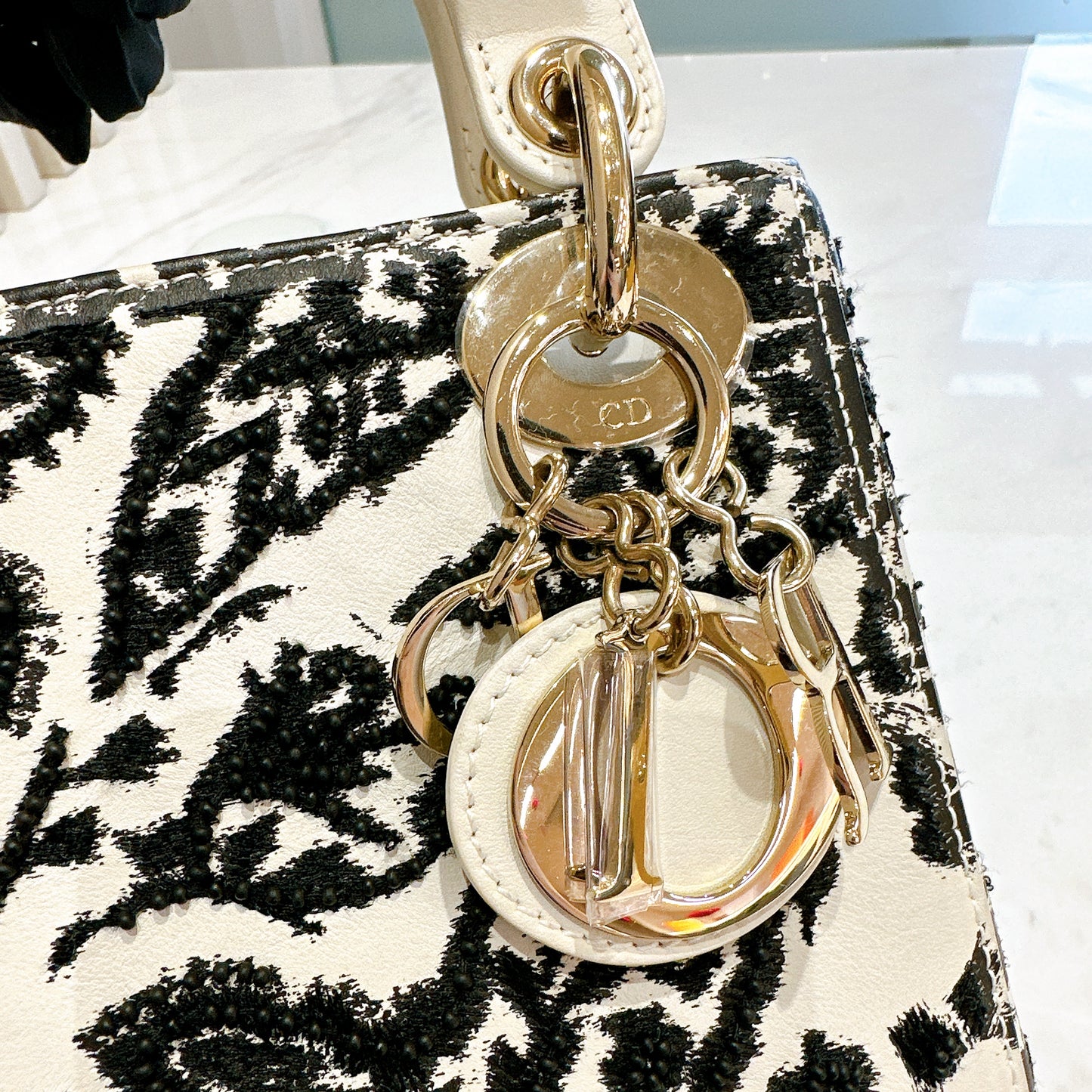Lady Dior Mini White Leather and Black Embroidered&nbsp;