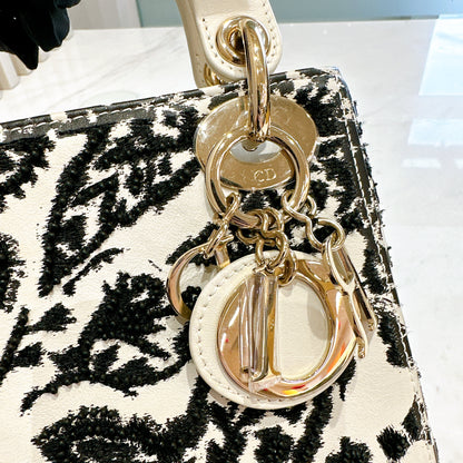 Lady Dior Mini White Leather and Black Embroidered&nbsp;