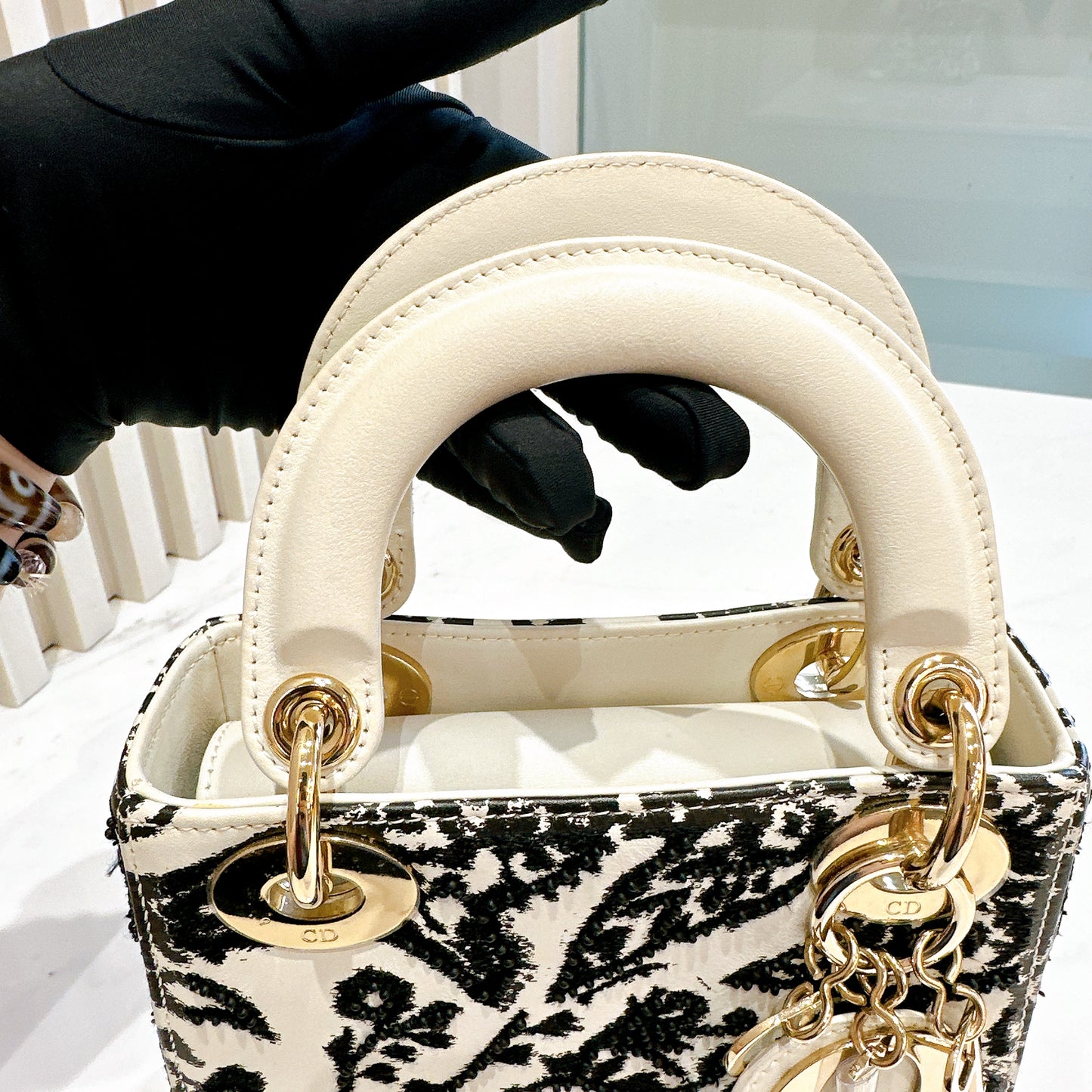 Lady Dior Mini White Leather and Black Embroidered&nbsp;