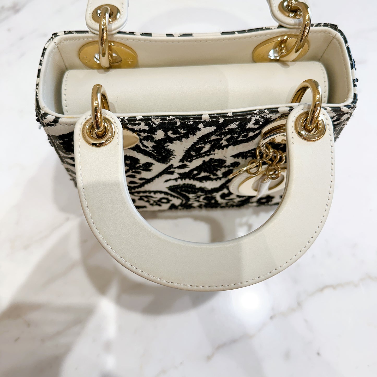 Lady Dior Mini White Leather and Black Embroidered&nbsp;