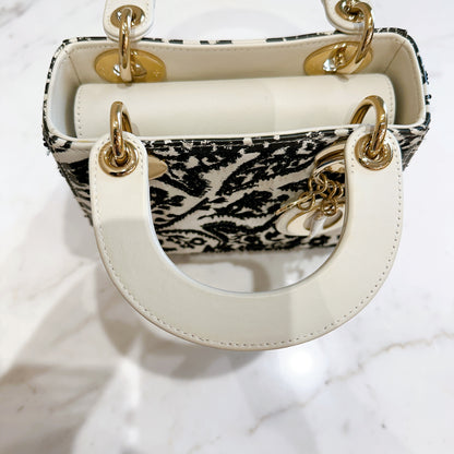Lady Dior Mini White Leather and Black Embroidered&nbsp;