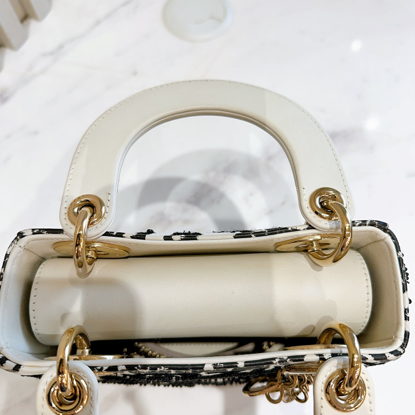Lady Dior Mini White Leather and Black Embroidered&nbsp;